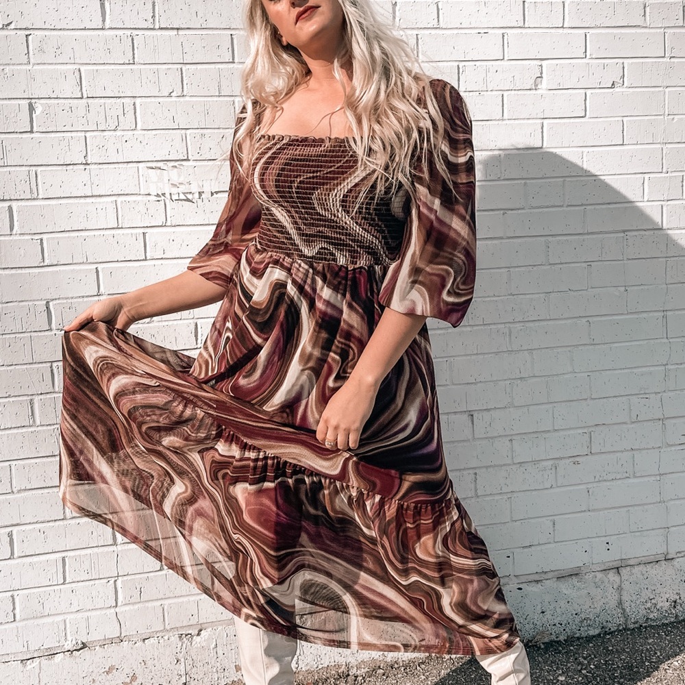Smocked Off-Shoulder Brown Marble Midi Dress
